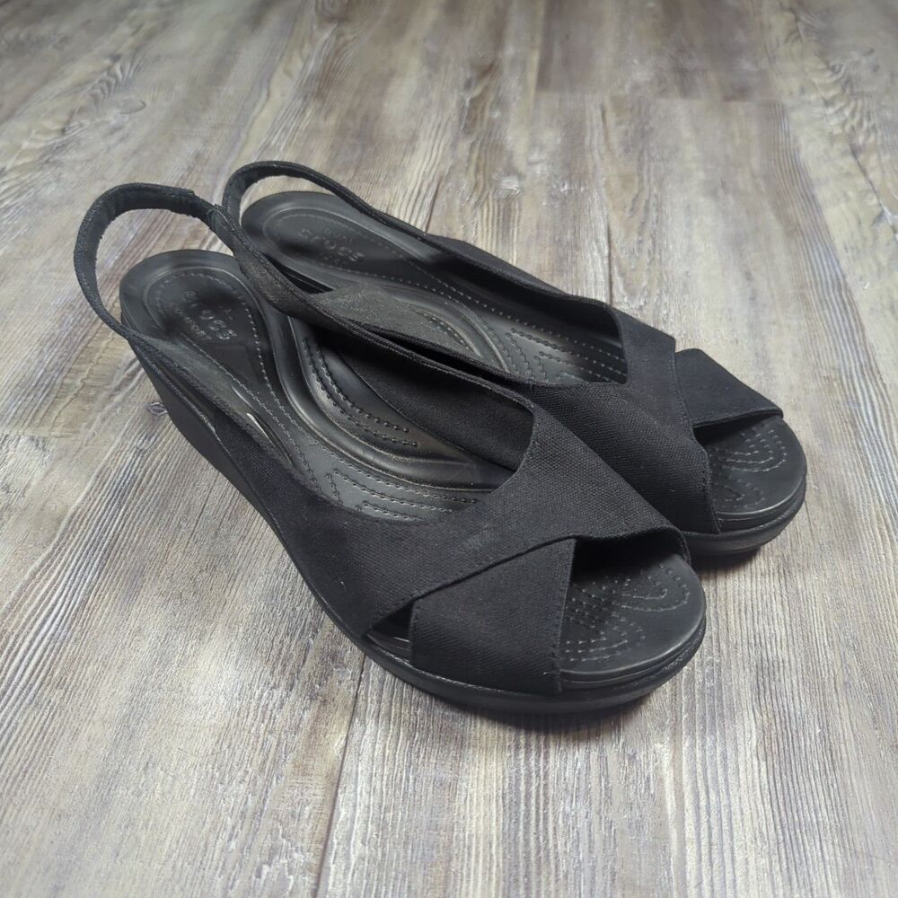 Crocs Leigh Ann Canvas Sandals Women's 10 Black Slingback Peep Toe Wedge 204948